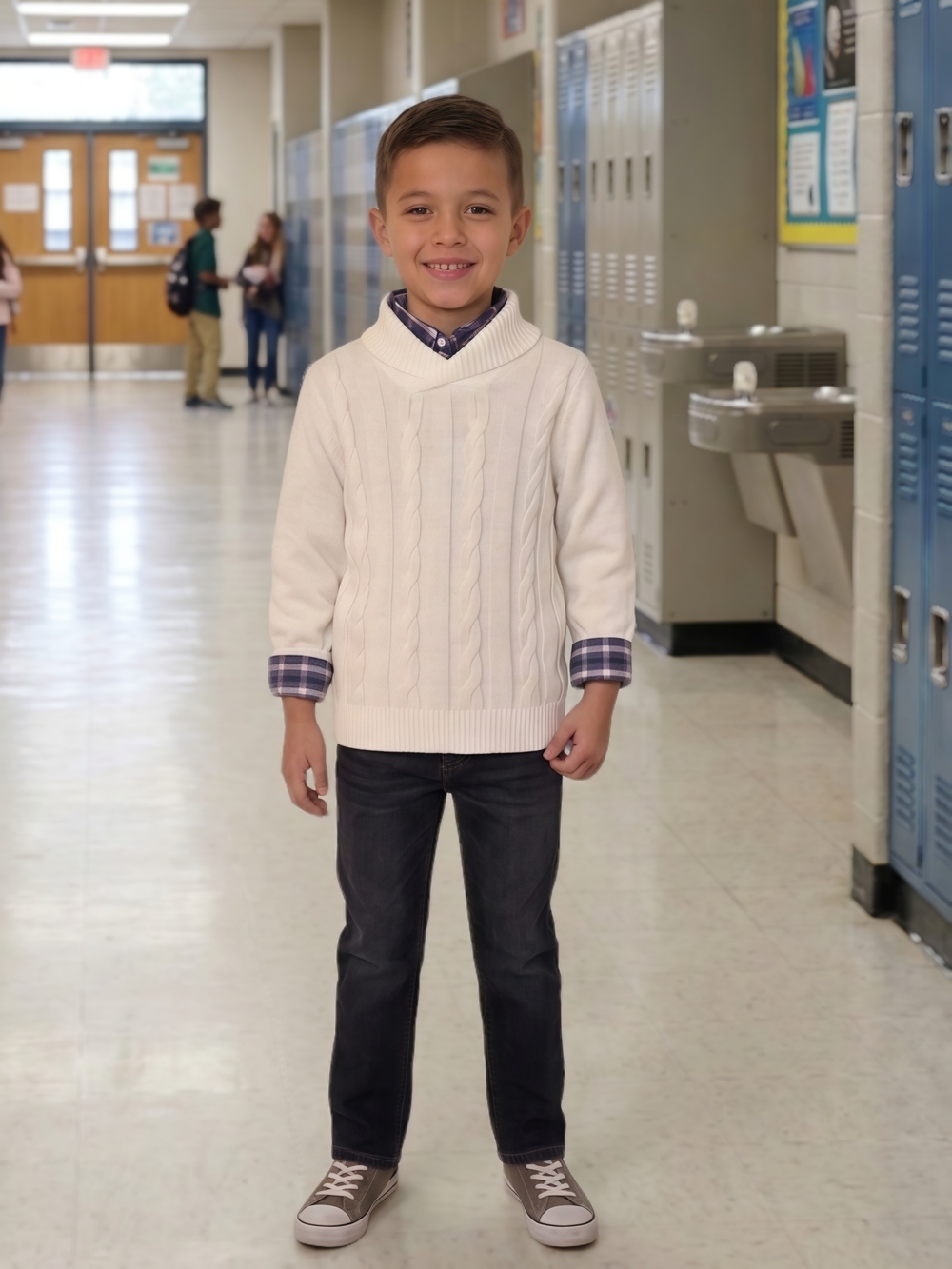 GAP Kids - Cream Cable-Knit Shawl Collar Sweater With Blue Plaid Shirt Set